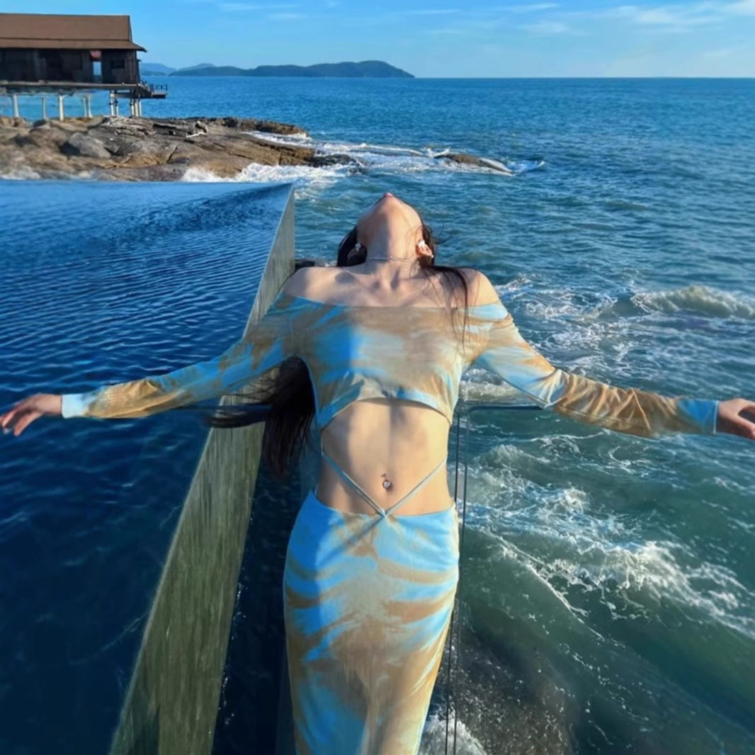 Retro foreign style oil painting tie-dye long-sleeved slim-fitting one-word shoulder fashion summer high-waisted skirt long dress hip-wrap suit