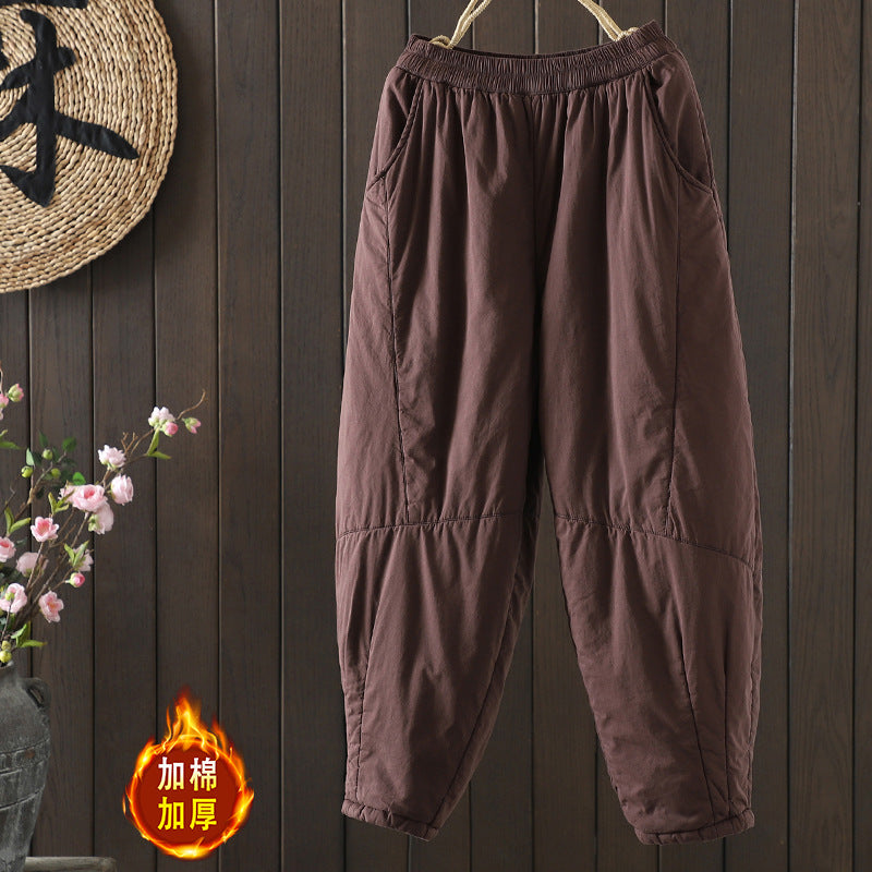 Real shot 2025 autumn and winter retro thickened cotton pants elastic waist warm padded casual pants Harlan trousers women's clothing