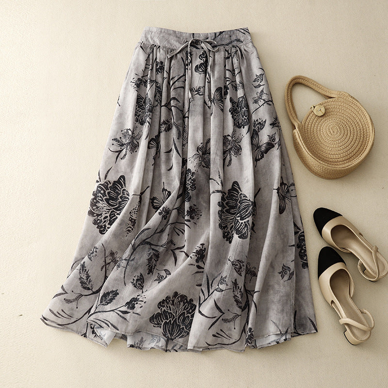 Real shot 2025 summer new literary and retro loose printing elastic waist skirt women's medium and long #6617