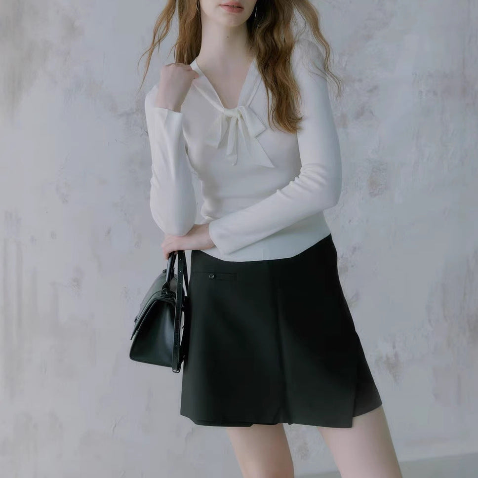 Lyocell silk wool blend! 2-color simple slim-fitting V-neck streamer knitted sweater bottoming shirt for women