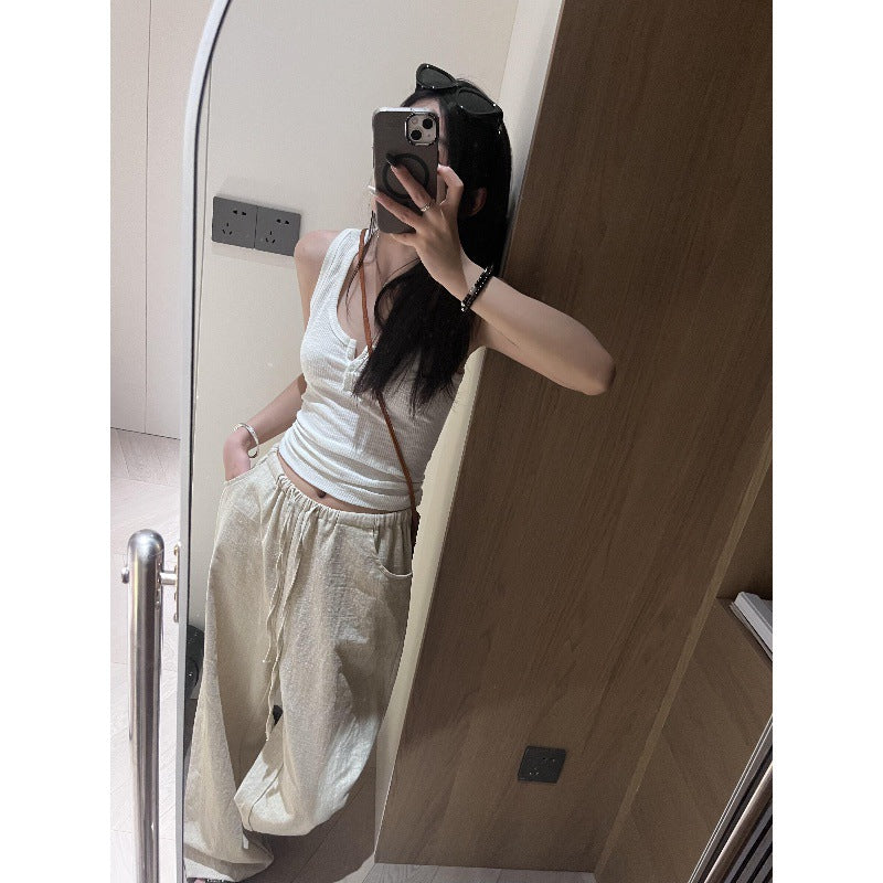 Washed ramie pants 2025 summer elastic waist drawstring casual cotton and linen wide-leg pants women's old money wind thin linen pants