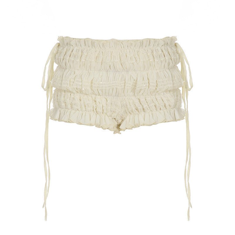 Ins Bohemian Vacation Mesh Romantic Texture Irregular Bud Shorts Spice Girls Sexy Lace-Up Hot Pants