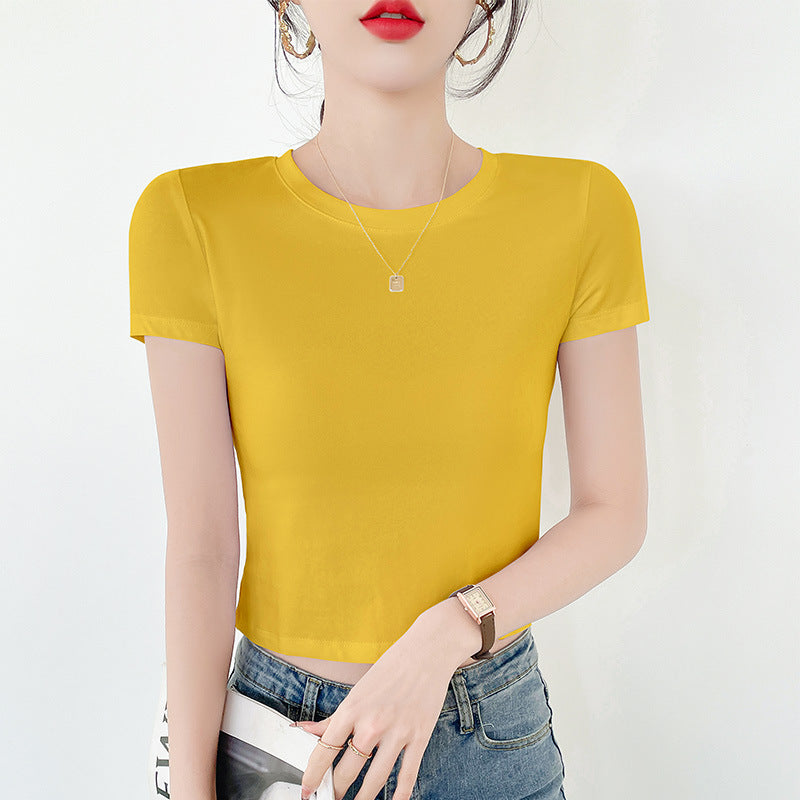 White short T-shirt women's short-sleeved summer slim-fit bottoming shirt, open-button crew neck versatile top, simple cross-border supply.