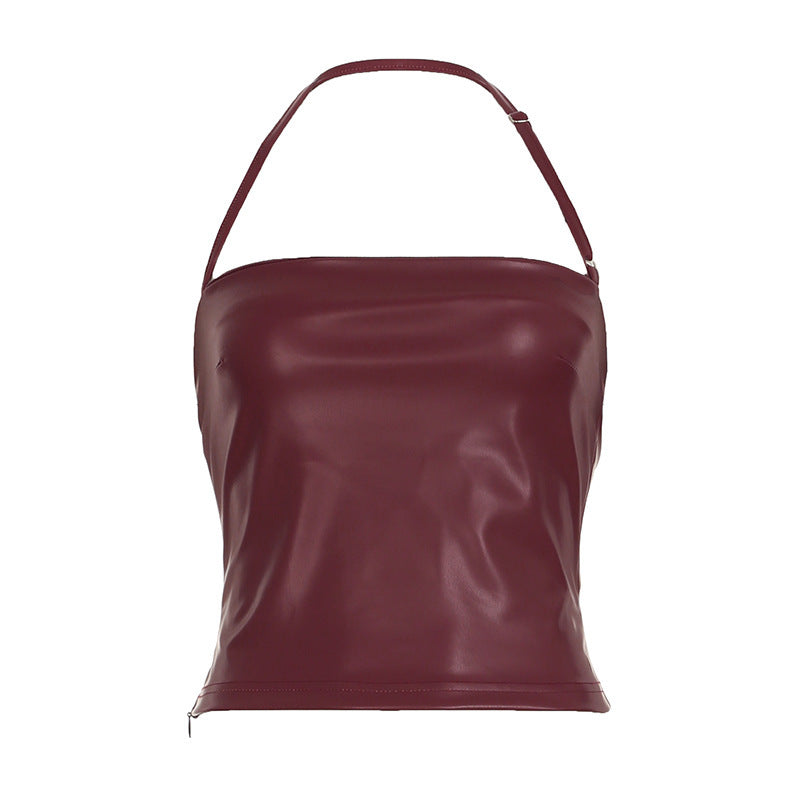 Love cloth forget locomotive wind girl wine PU splicing one word shoulder neck vest hot sexy outerwear halter top