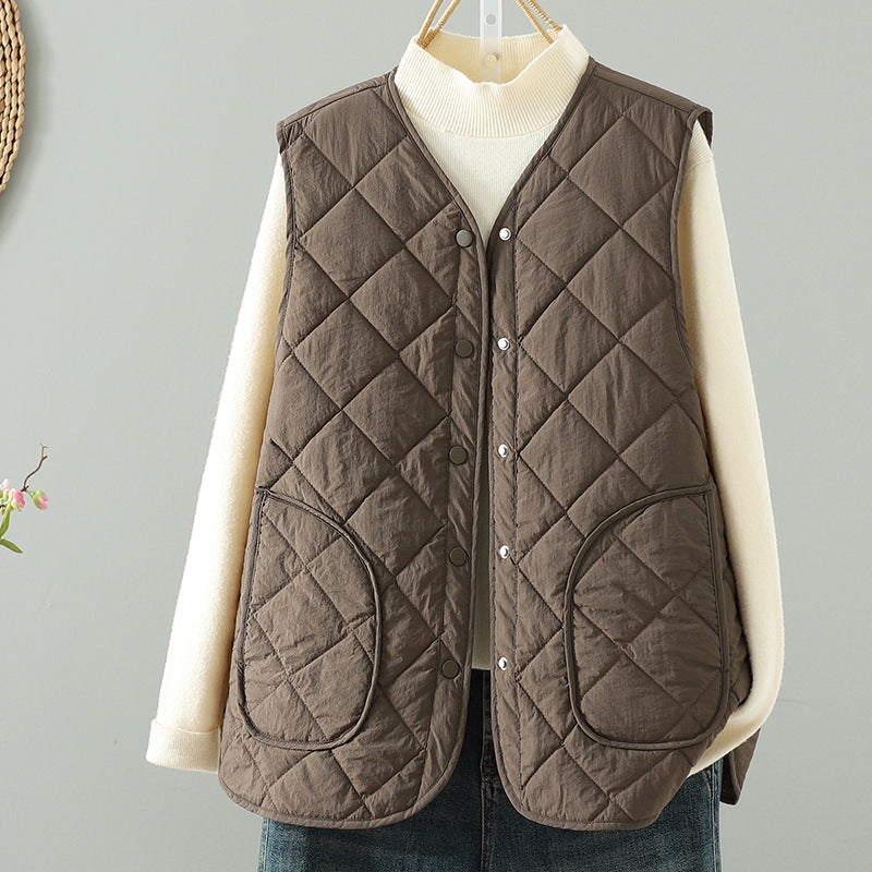2025 autumn and winter new casual quilting line clip thin cotton hidden buckle side pocket vest women