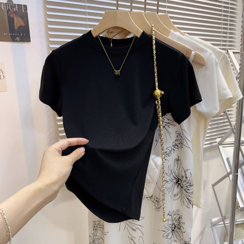 [A code packet of the released version] U-neck summer shoulder ice silk short-sleeved T-shirt women's slim versatile bottoming shirt top