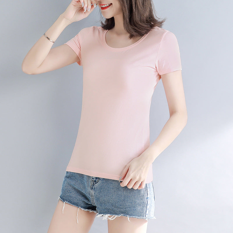 Lotus root pink short-sleeved t-shirt women's pure cotton high-end sense, unique and beautiful waist pinch and thin short slim-fitting front shoulder top