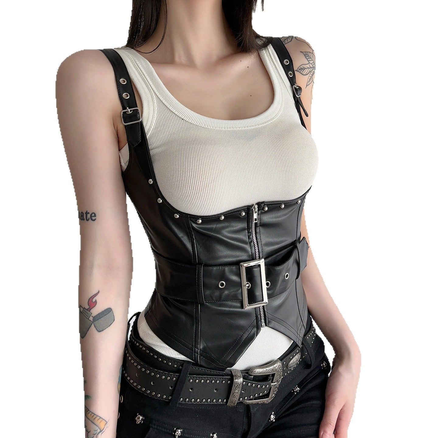 American street style leather irregular waist waist seal personalized women's clothing dark hottie punk rivet vest vest