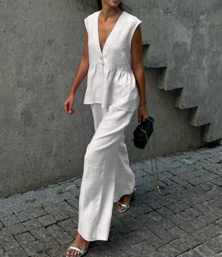 2025 cotton V-neck sleeveless top vest trousers set women's European and American new solid color temperament commuter two-piece set