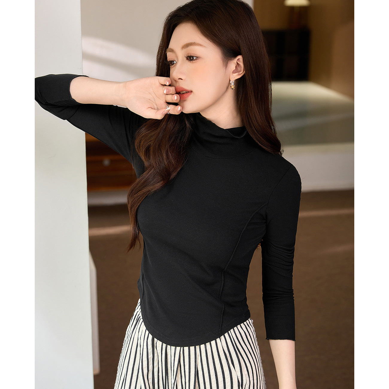 #Ingenuity screening product #Polished turtleneck bottoming shirt women's design sense line Spice girl long-sleeved T-shirt autumn and winter inner top
