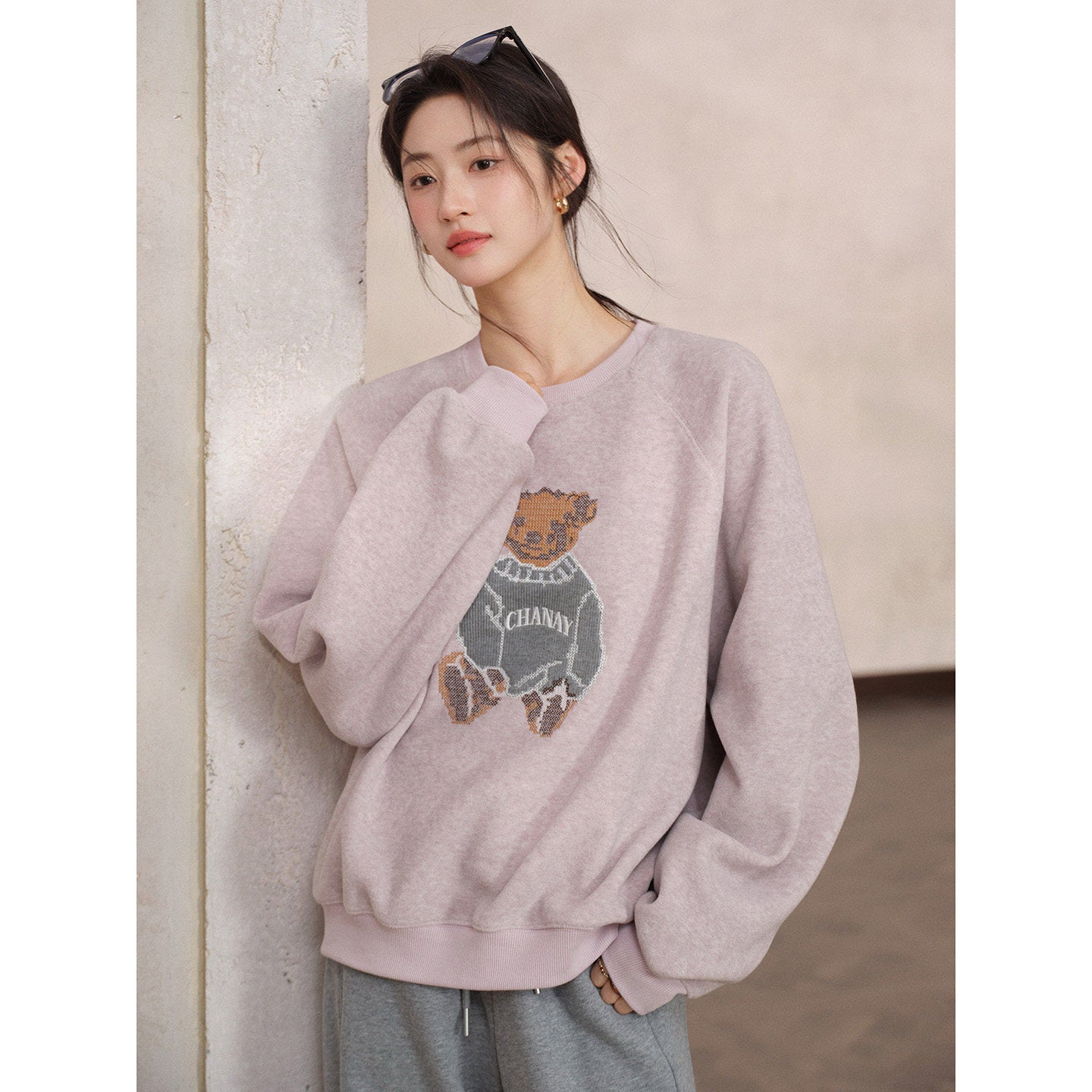 JOMI STUDIO Gentle Cream Purple, Cross Stitch Bear Crew Neck Sleeve Embroidered Sweater Women's Spring Top