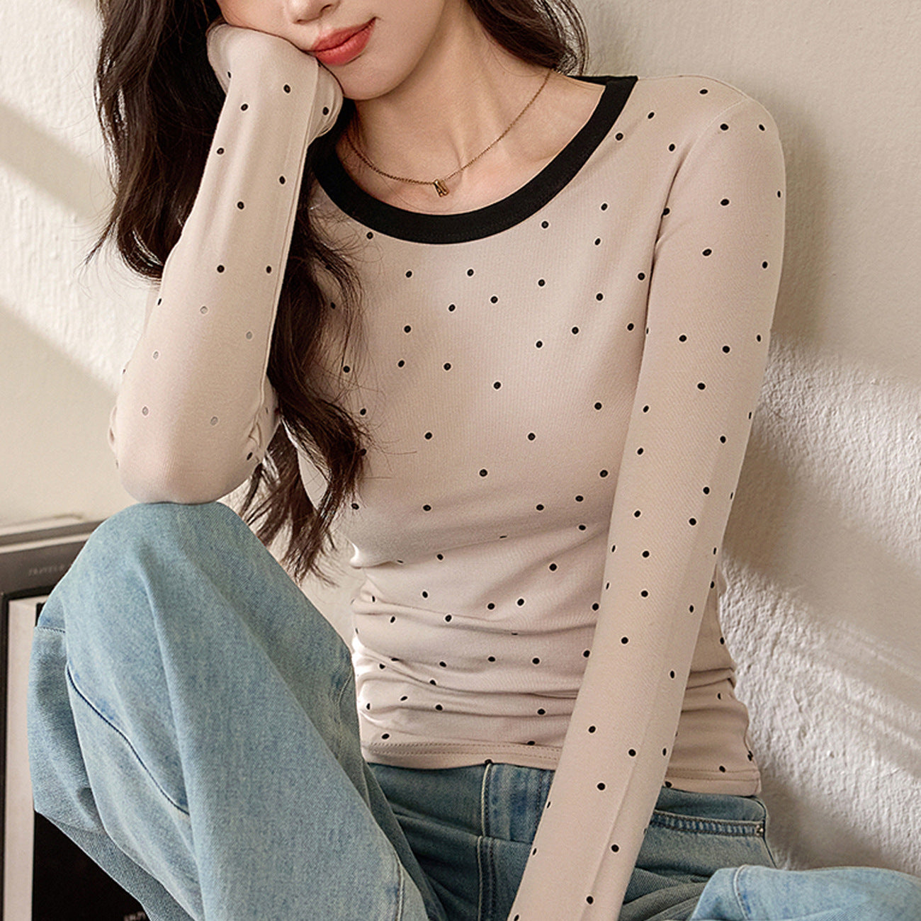 #质做高品# 减龄俏皮波点T恤女长袖2026秋装新品撞色修身打底衫