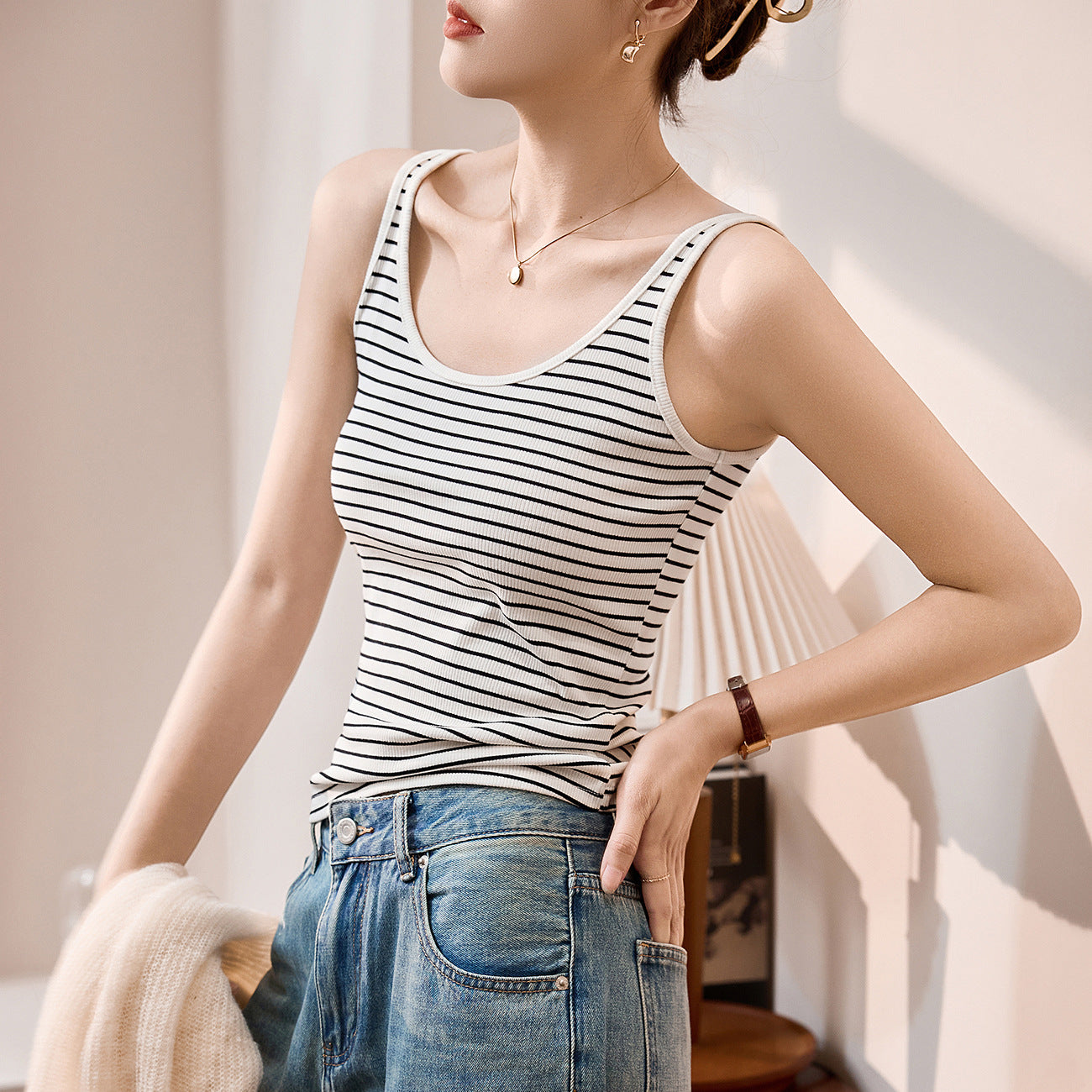 Selection of 260g pure cotton striped sling vest women's summer 2026 new U-neck slim-fitting and thin bottom outer top