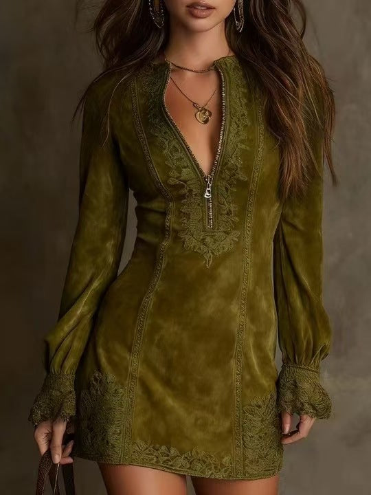 2025 European and American women's clothing, Amazon independent station zipper lace splicing V-neck long sleeves, loose embroidery, dress