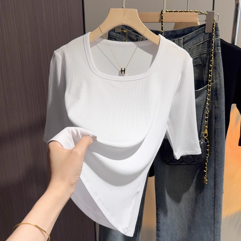 Dark gray V-neck medium-sleeved T-shirt women's spring and autumn 2025 new bottoming shirt low-neck inner with five-quarter-sleeved half-sleeved top