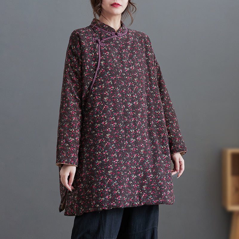 Real shot in the winter of 2025, new floral padded cotton, thickened disc buckle, retro and improved medium and long padded jacket.