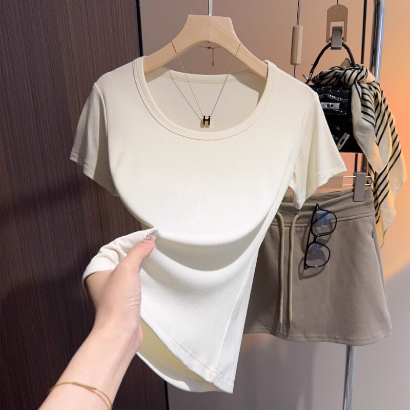 White u-neck short-sleeved t-shirt women's summer 2025 new threaded versatile tight and thin inner bottoming shirt and outer top