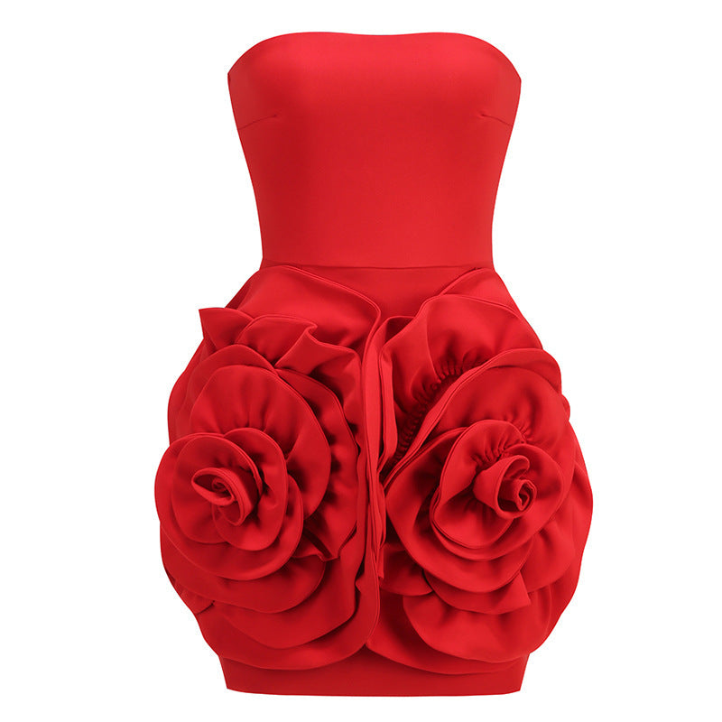 Cross-border high-end design women's clothing sexy decoration three-dimensional flower banquet dress femininity backless tube top dress