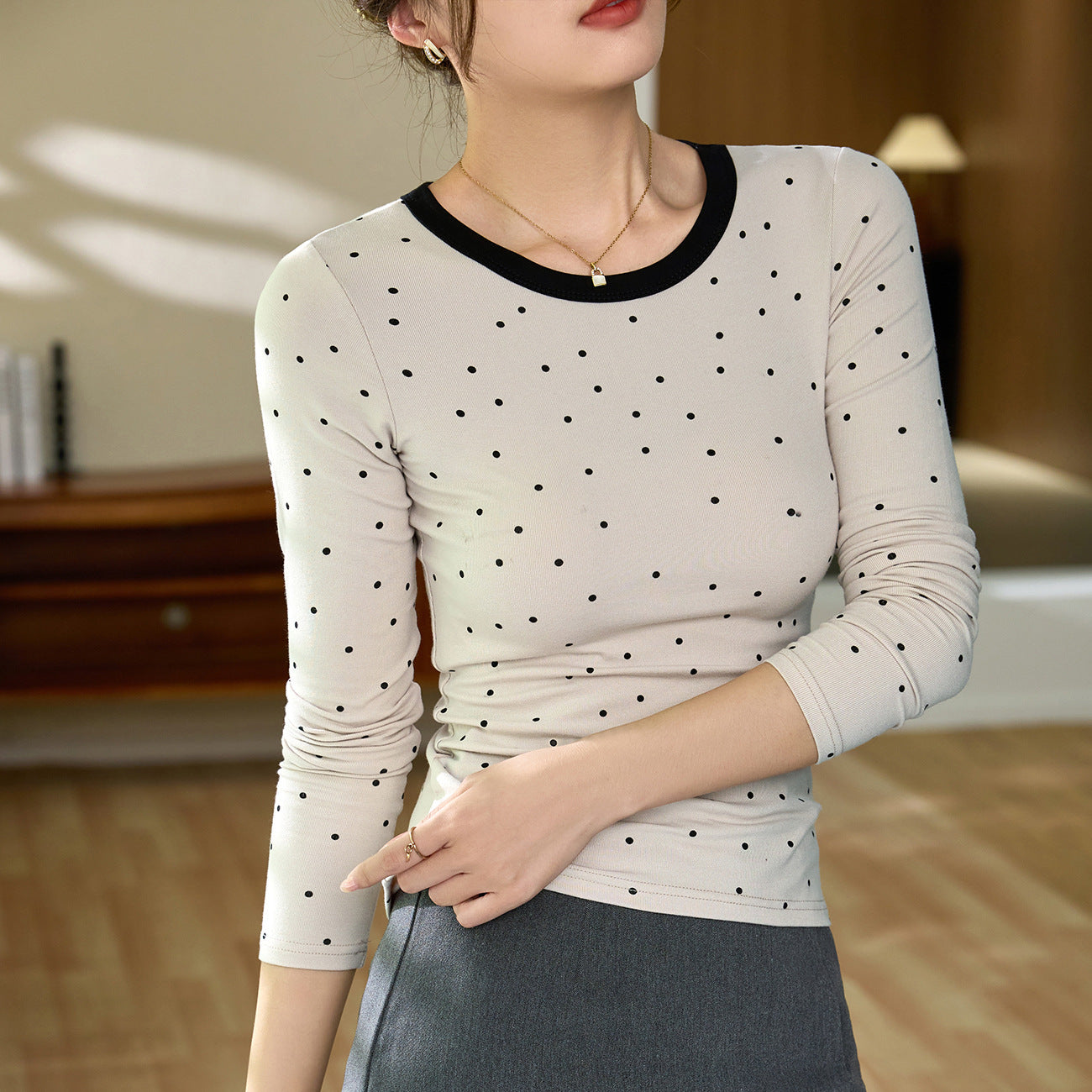 #Quality to do high-quality #age-reducing playful polka dot T-shirt women's long-sleeved 2026 autumn clothing new contrasting color slim-fitting bottoming shirt