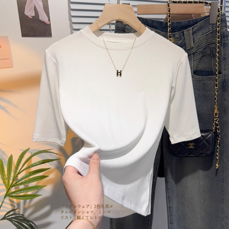 Iron gray half-sleeved T-shirt women's five-quarter-sleeved small stand-up collar medium-sleeved bottoming shirt spring and autumn style with front shoulder and outer top