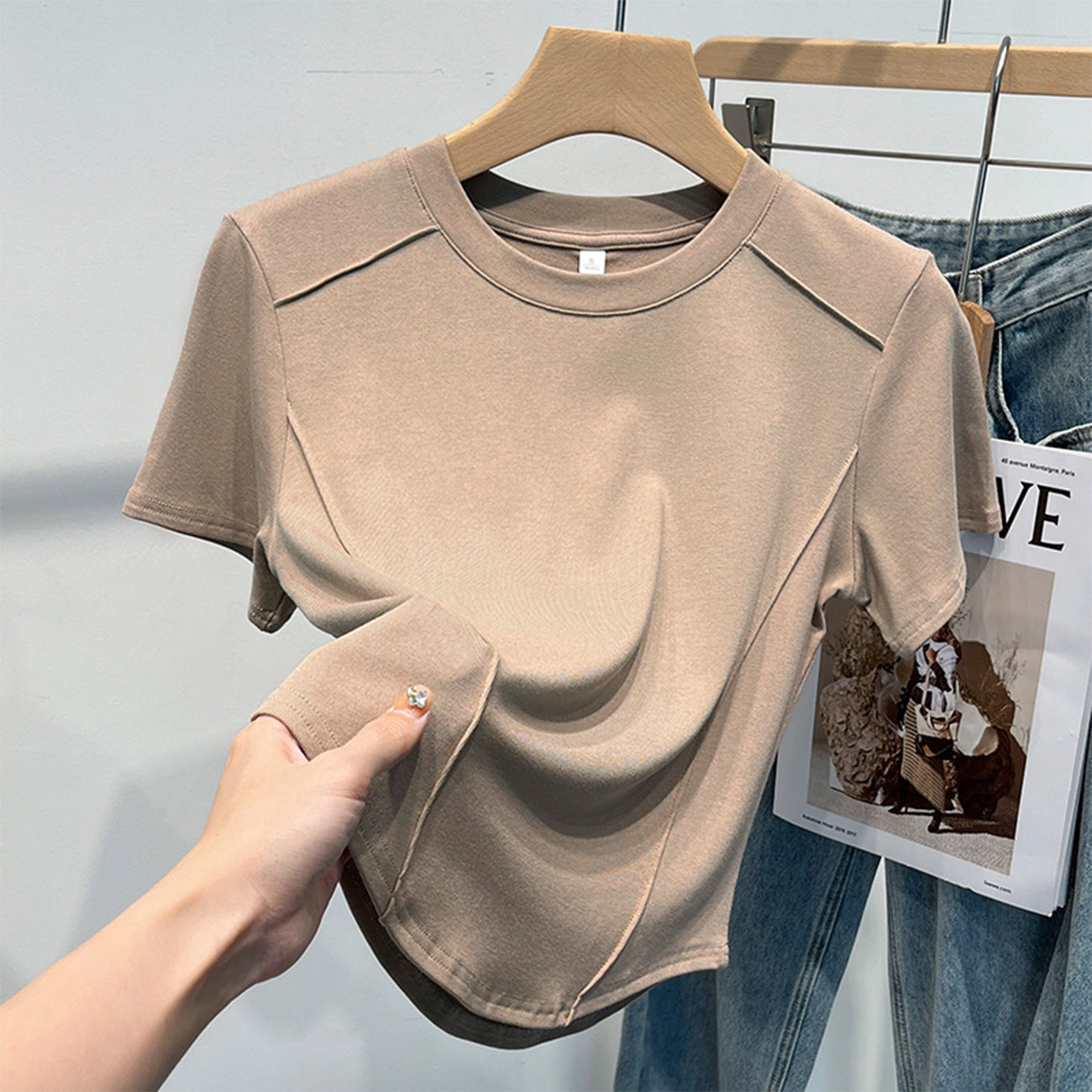 Crew neck short-sleeved front shoulder thin fishbone shirt 2026 summer new irregular inner bottom T-shirt women's top