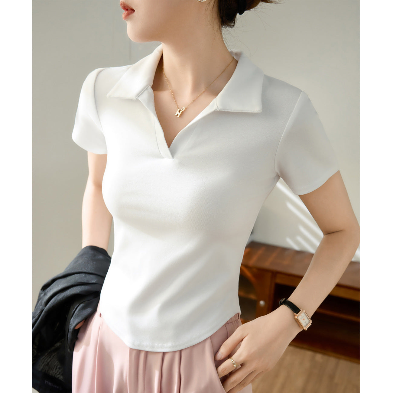 [High quality] Polo collar curved short-sleeved T-shirt women's summer 2026 new front shoulder slim-fit pure cotton top