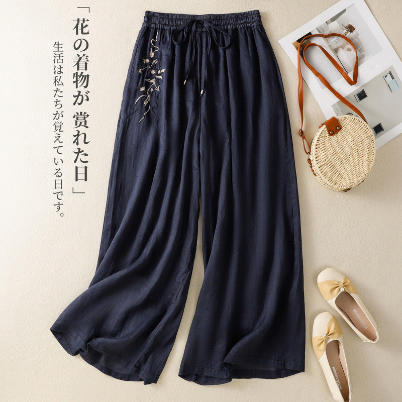 Real shot double-layer wide-leg pants women's 2025 summer new elastic waist loose lace-up casual elegant trousers skirt pants trousers trousers
