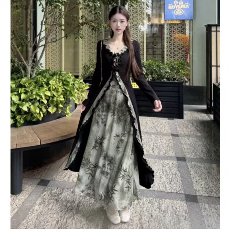 Large size new Chinese style fake two-piece dress women's clothing autumn pear-shaped body skirt fat MM thin A-shaped skirt