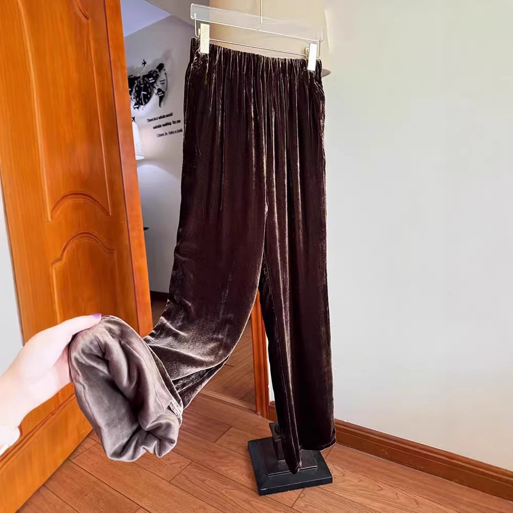 Spring and Autumn Lady Silk Velvet Wide Leg Pants! Autumn and Winter High Waist Skinny Temperament Warm Noble Straight Pants Long Pants