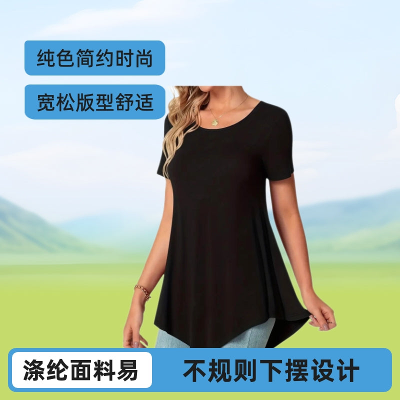 2025 Amazon popular European and American large size loose crew neck top irregular hem women's short-sleeved T-shirt