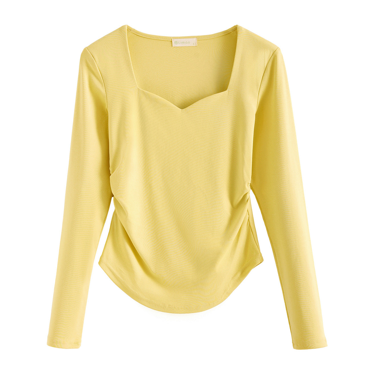 #40 combed pure cotton #peach heart square neck long-sleeved T-shirt women's autumn new pleated slim-fitting front shoulder top bottoming shirt