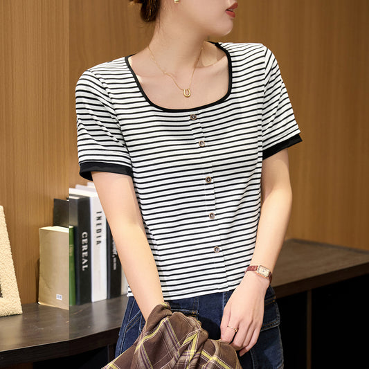 #Combed pure cotton #foreign style striped t-shirt women's square neck short sleeve 2026 summer new contrasting color button-up versatile top