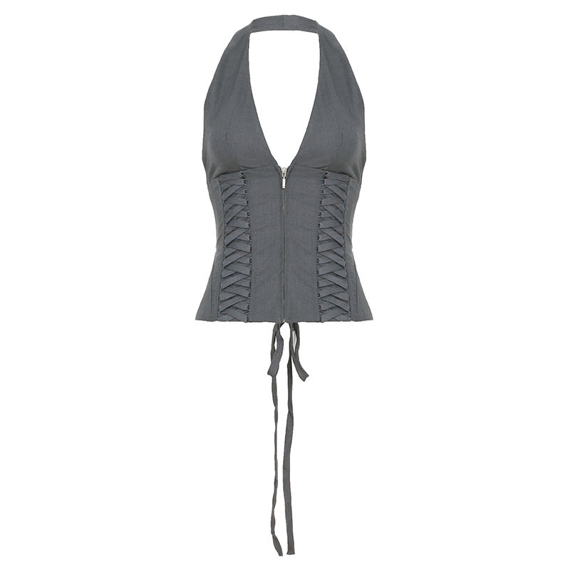 Penne same strap waist neck deep V-neck vest sexy hottie slim short slim versatile top