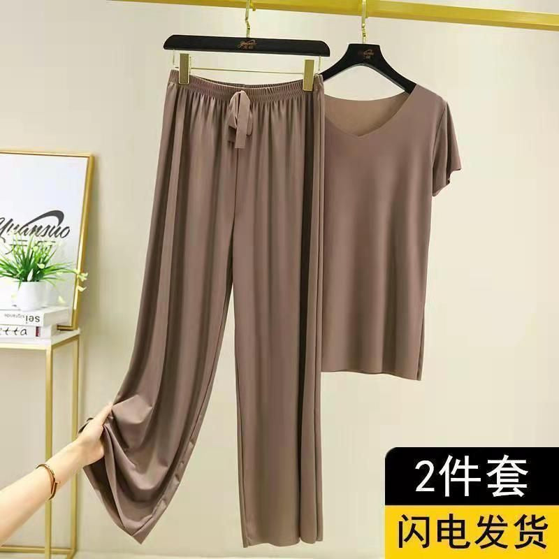 Amazon spring and summer two-piece suit can be worn outside V-neck short-sleeved T-shirt thin solid color loungewear loose wide-leg pants