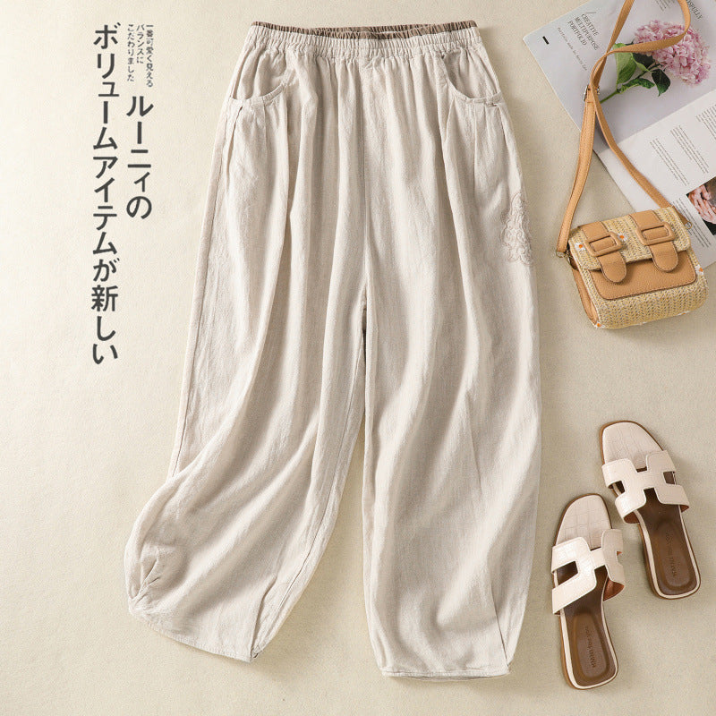 Real shot 2025 summer large size literary and retro cotton and linen embroidered bloomers color matching elastic waist loose Harlan pants