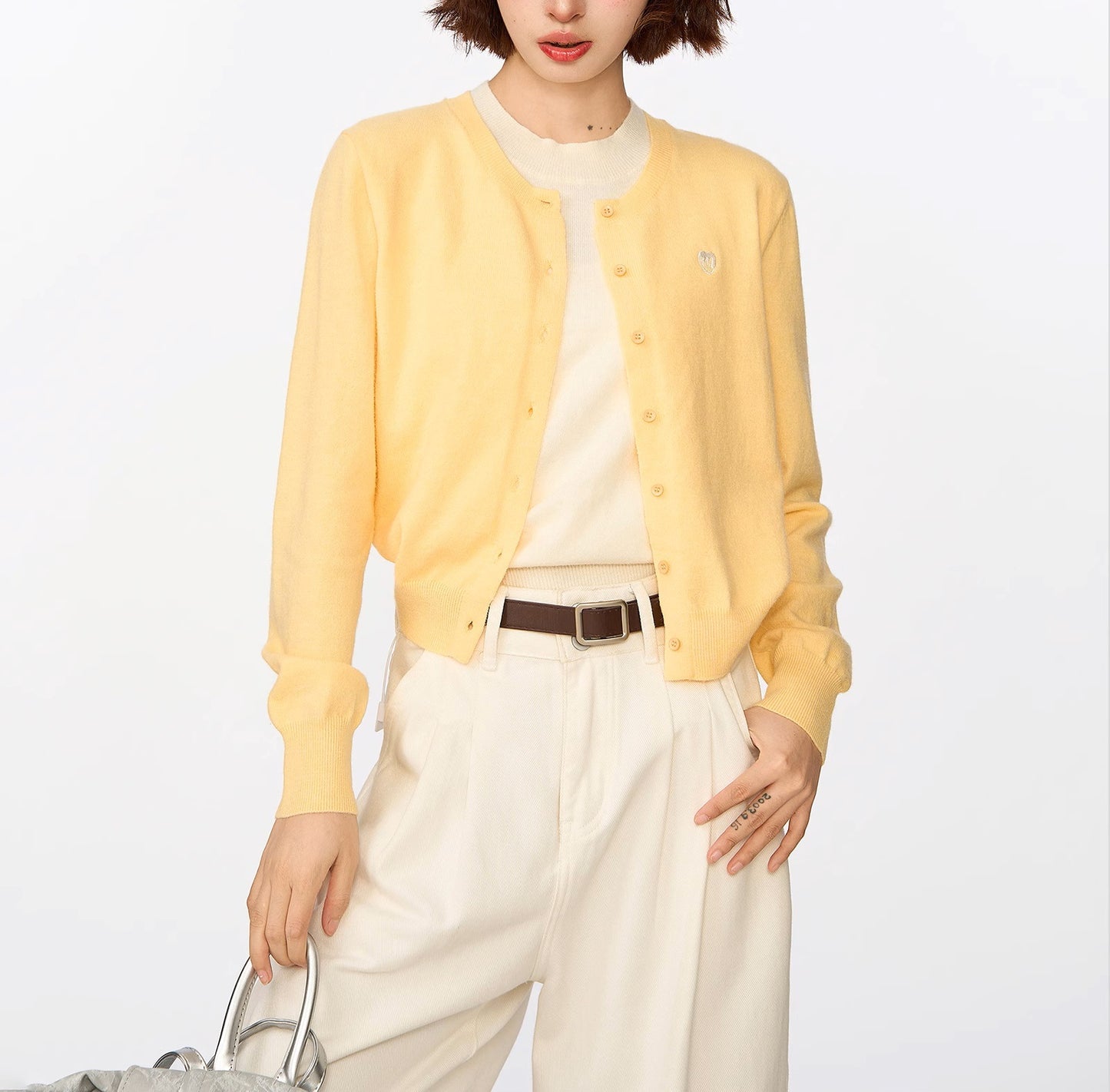 Goose yellow fake two-piece sweater knitted sweater women's spring and autumn short style with backing wool top cardigan jacket