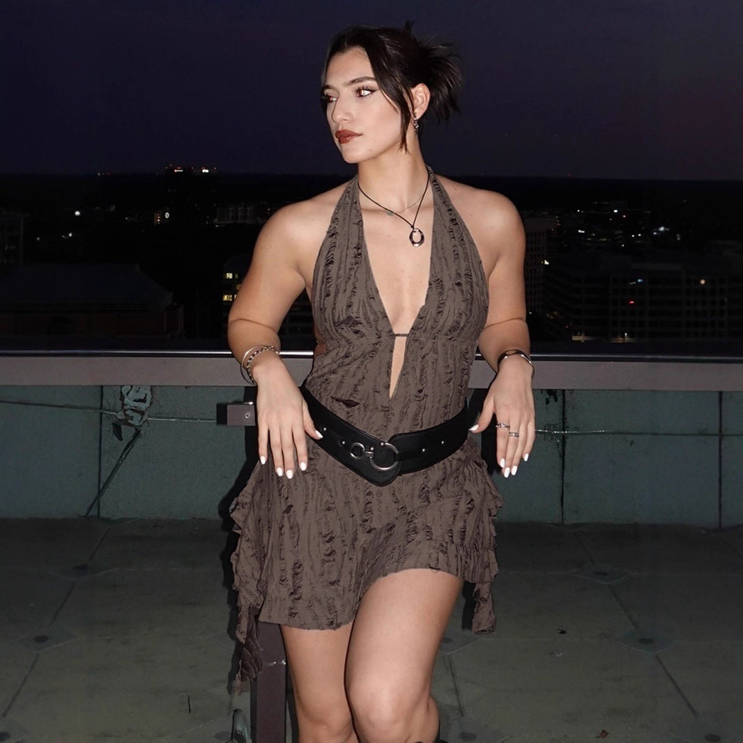 American Street Wasteland Style Sexy Neck Irregular Strap Halter Dress Spice Girl Deep V-Neck As Old Short Skirt