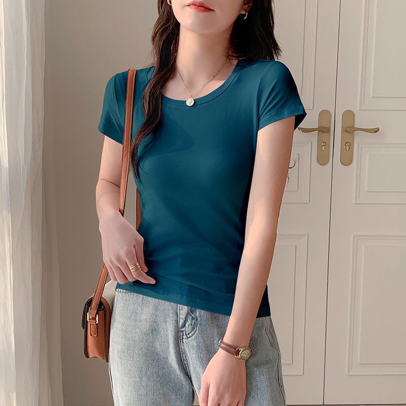 U-neck white versatile short-sleeved T-shirt women's American slim-fitting half-sleeved top low-necked bottoming shirt slim-fitting