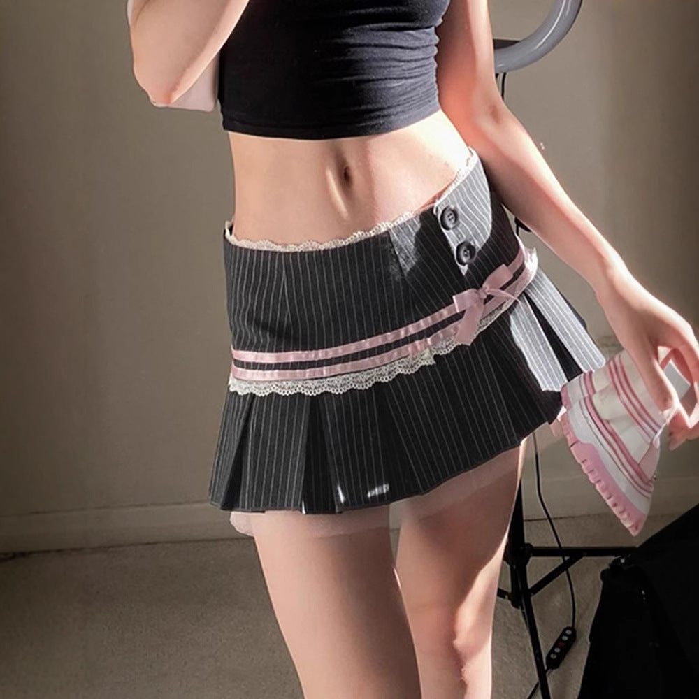 Love cloth forget French ballet style contrasting colors striped bow lace splicing skirt suit material pleated skirt