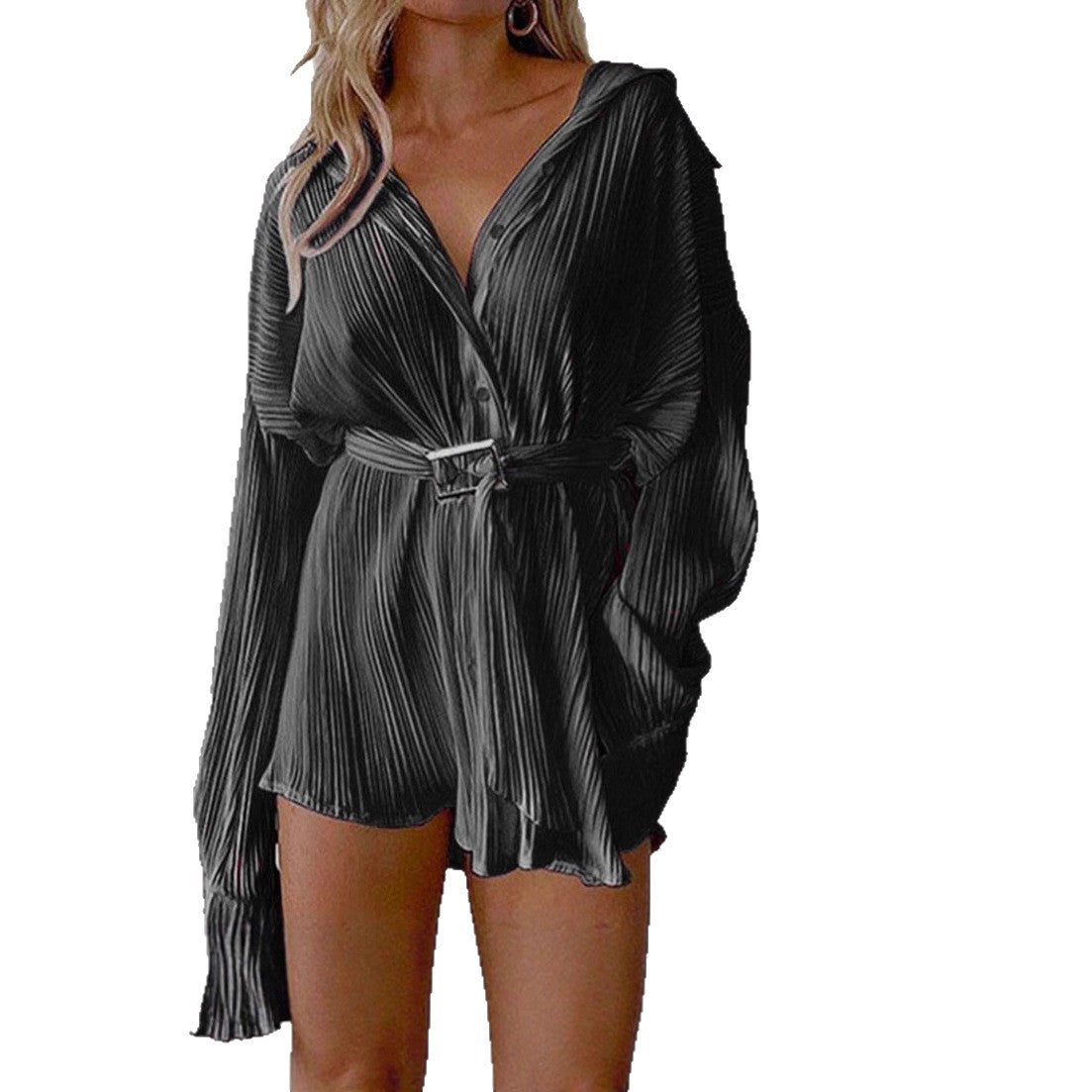 Cross-border Amazon 2025 Women's New Shirt Collar Fashion Women's Elastic Waist Pleated Long Sleeve Lace-Up Dress