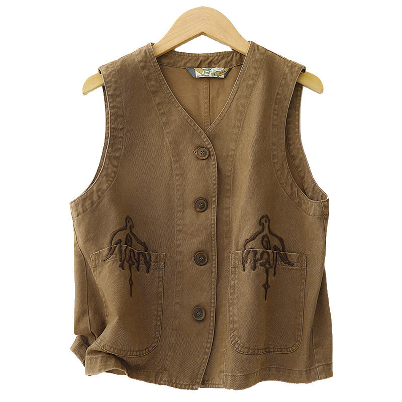 Real shot 2025 spring new literary embroidery pocket tooling vest vest vest vest horse girl