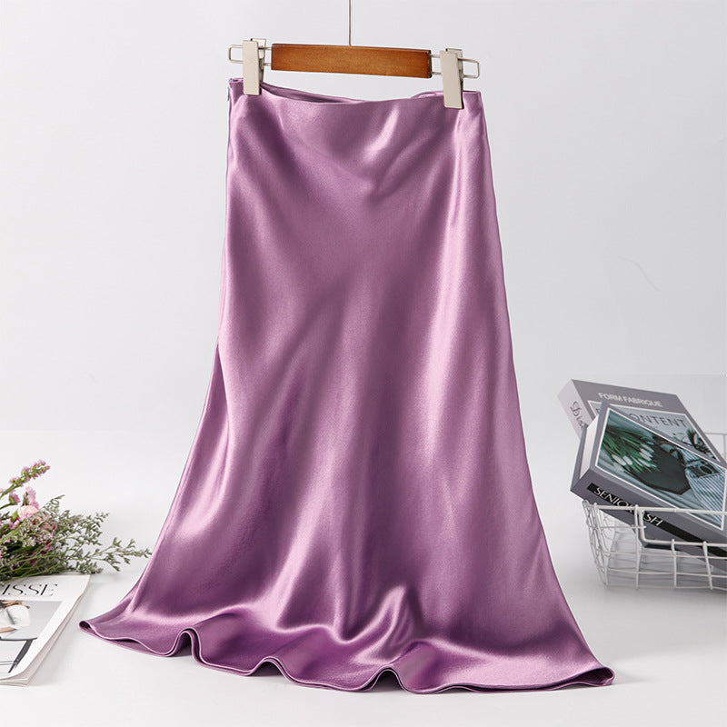 2025 spring and summer bi prepared acetic acid skirt satin elastic waist purple skirt Internet celebrity pearlescent low waist thin skirt
