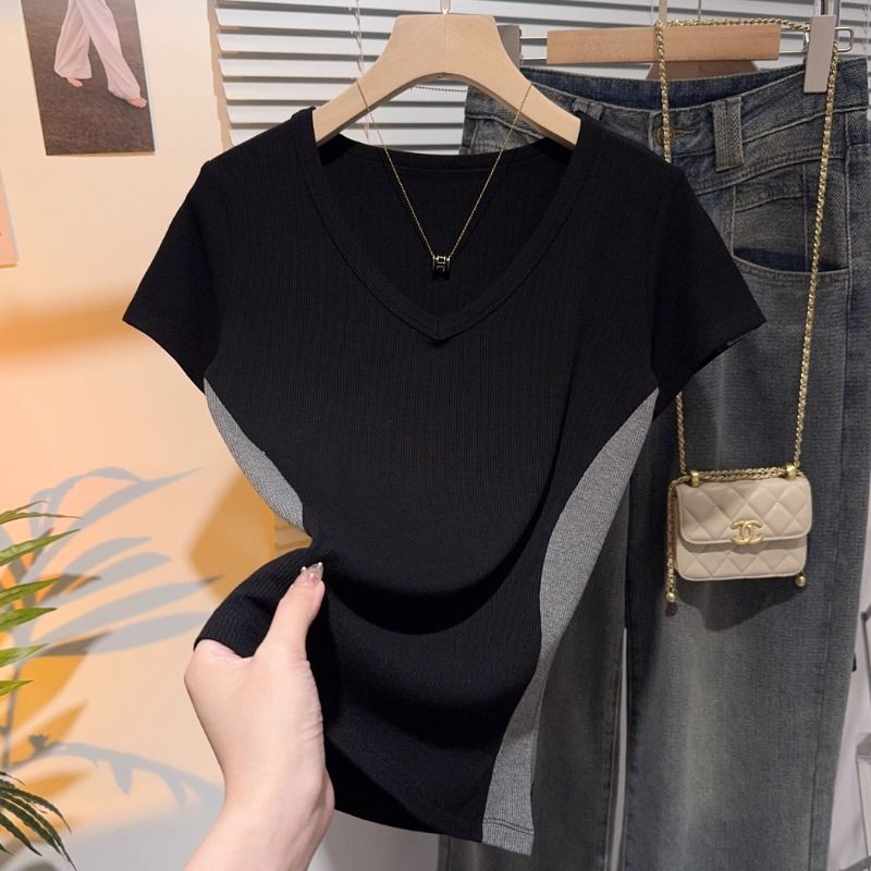 European color matching V-neck short-sleeved T-shirt women's summer new ice silk bottoming shirt with fashionable high-end trend top