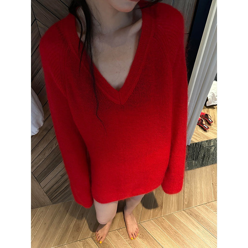 French red v-neck pullover mohair sweater women's autumn and winter outer wear milk fufu soft waxy loose knitted sweater top