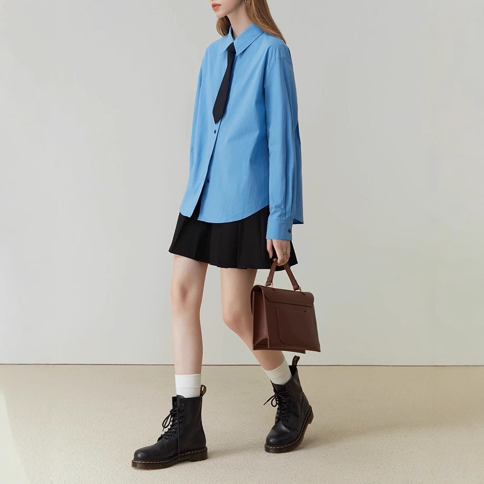 Fanslan Blue Temperament Cotton Long Sleeve Shirt Women's Spring and Autumn French Loose Casual Commuter Top 11190