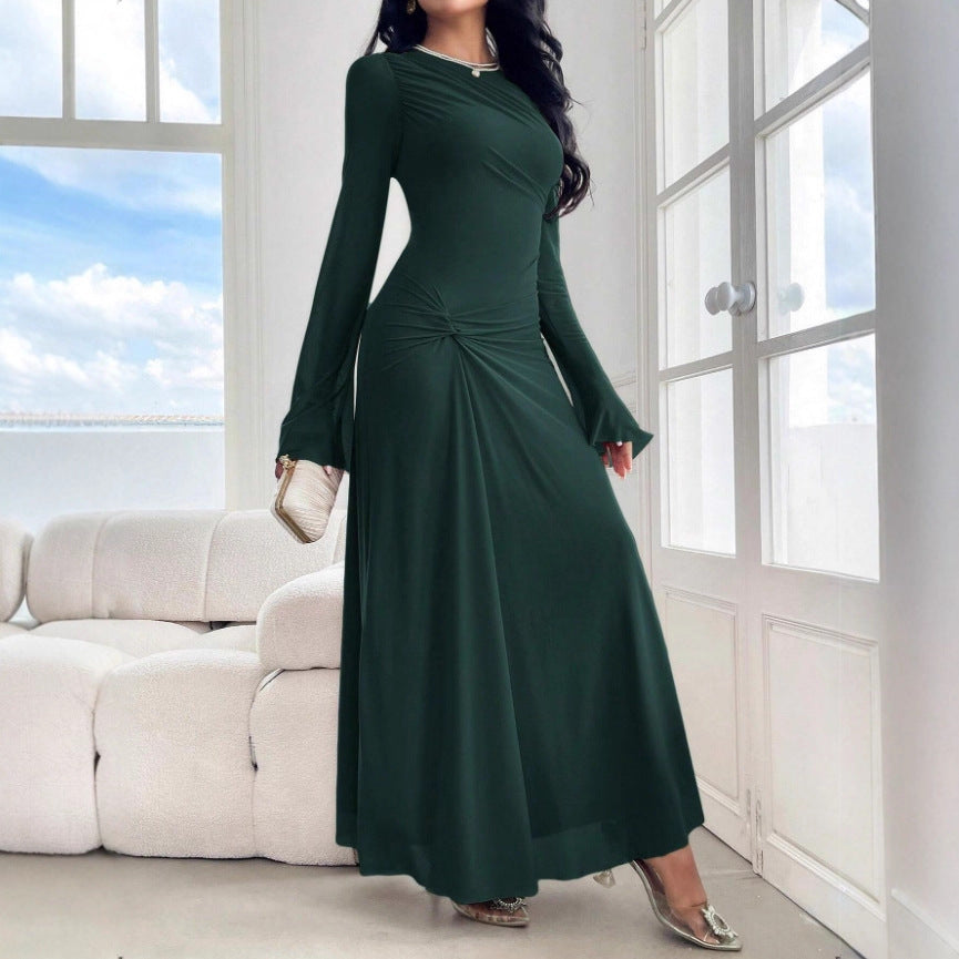 2025 cross-border European and American new horn sleeves slim temperament high elasticity wrinkle hip wrap fashion dress coat