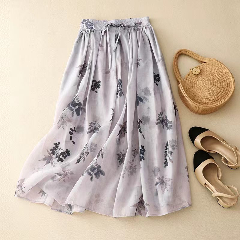 Real shot 2025 summer new literary and retro loose printing elastic waist skirt women's medium and long #6617