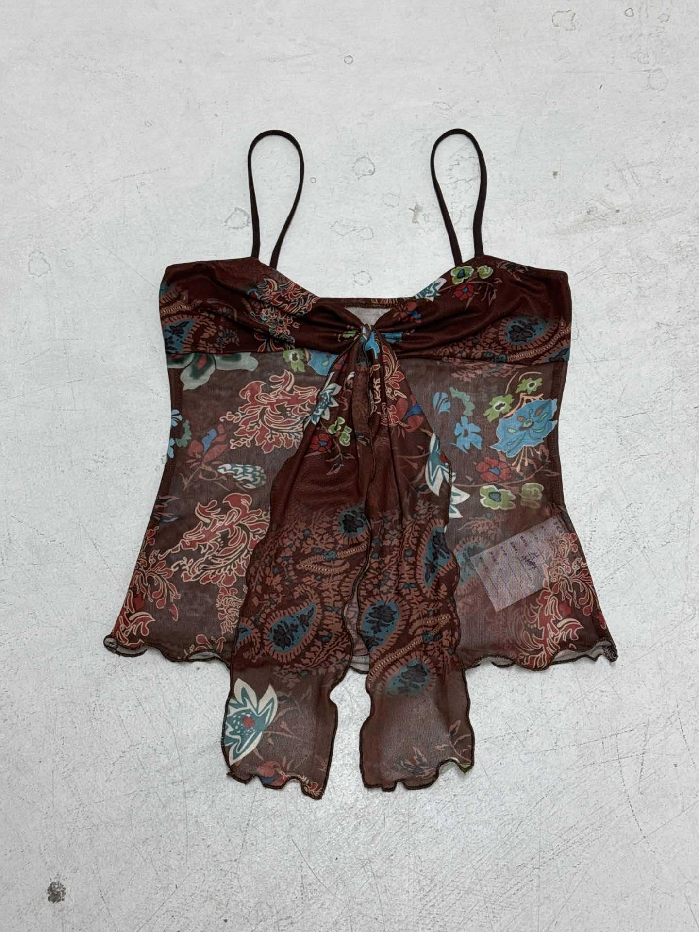 Love cloth forget retro ethnic style print pleated chest strap mesh vest Spice girl sexy suspender top