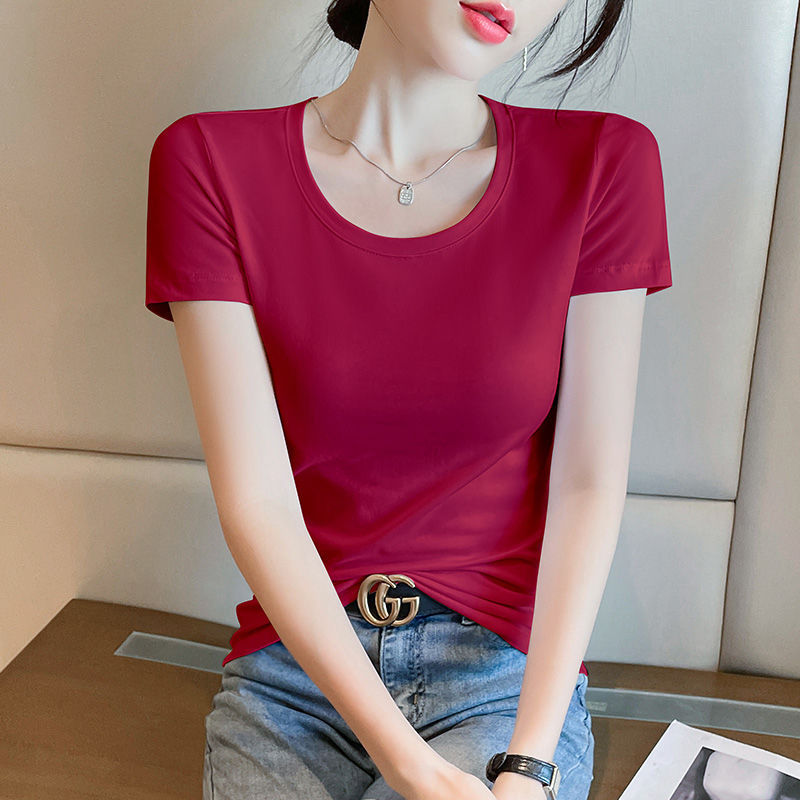 Lotus root pink short-sleeved t-shirt women's pure cotton high-end sense, unique and beautiful waist pinch and thin short slim-fitting front shoulder top