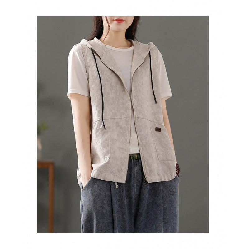 2025 spring new literary and retro loose solid color hooded cardigan vest casual sleeveless vest short coat women